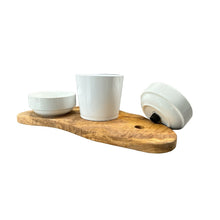 Charger l'image dans la galerie, Station d'alimentation RUSTY 2x bols en porcelaine de 0,4 litre plus pot pour herbe à chat en bois d'olivier