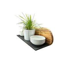 Charger l'image dans la galerie, Station d'alimentation MOUNTAIN 2x bols en porcelaine de 0,4 litre plus pot pour herbe à chat en bois d'olivier