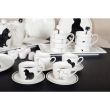 Charger l'image dans la galerie, Tasses à café avec soucoupes chat noir et blanc - lot de 4
