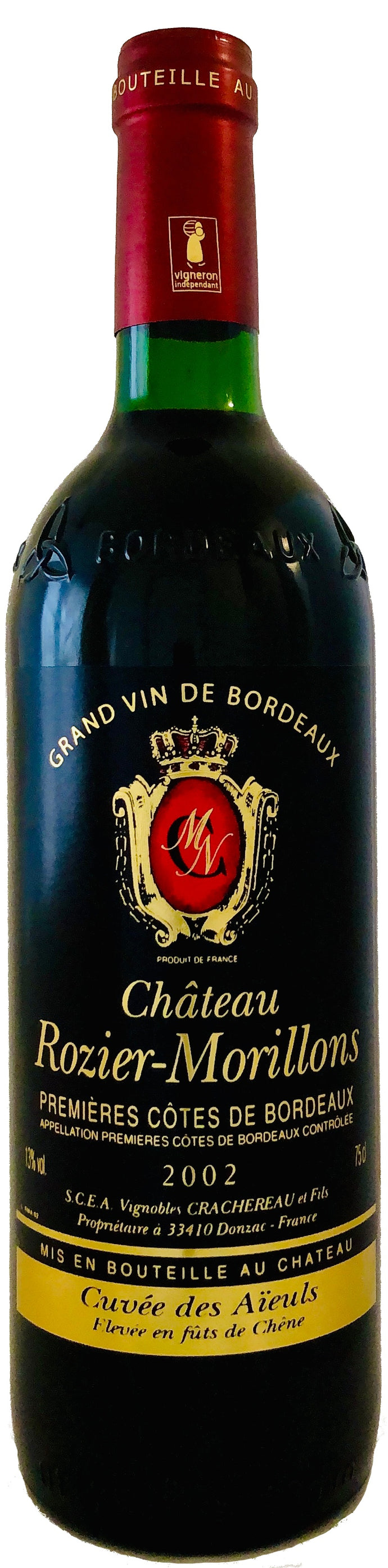 Château ROZIER-MORILLONS AOC PREMIÈRES CÔTES DE BORDEAUX ROUGE – cuvée des Aïeuls - 2002 – 75 cL – Agriculture Raisonnée (CHR)